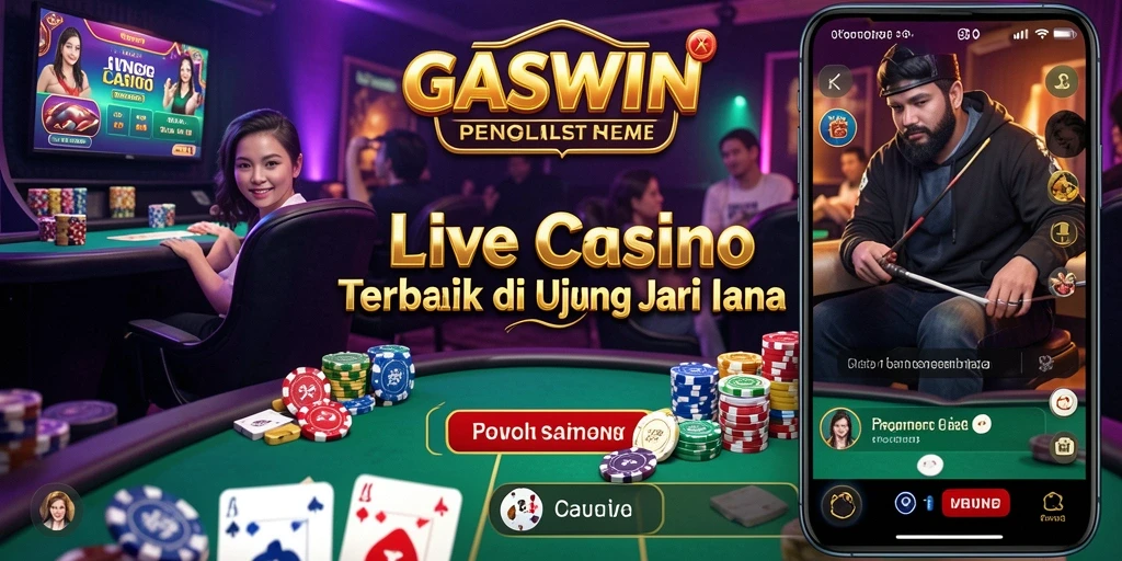 Screenshot gameplay <strong>GASWIN</strong> menampilkan dealer langsung dalam suasana kasino yang mendebarkan.