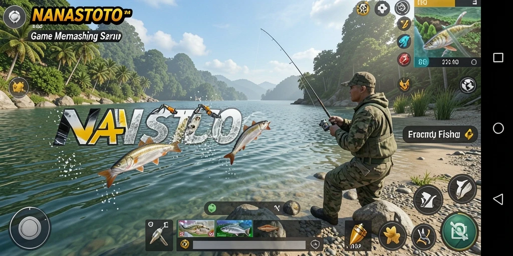 Screenshot NANASTOTO menampilkan pemain sedang memancing di danau yang indah.