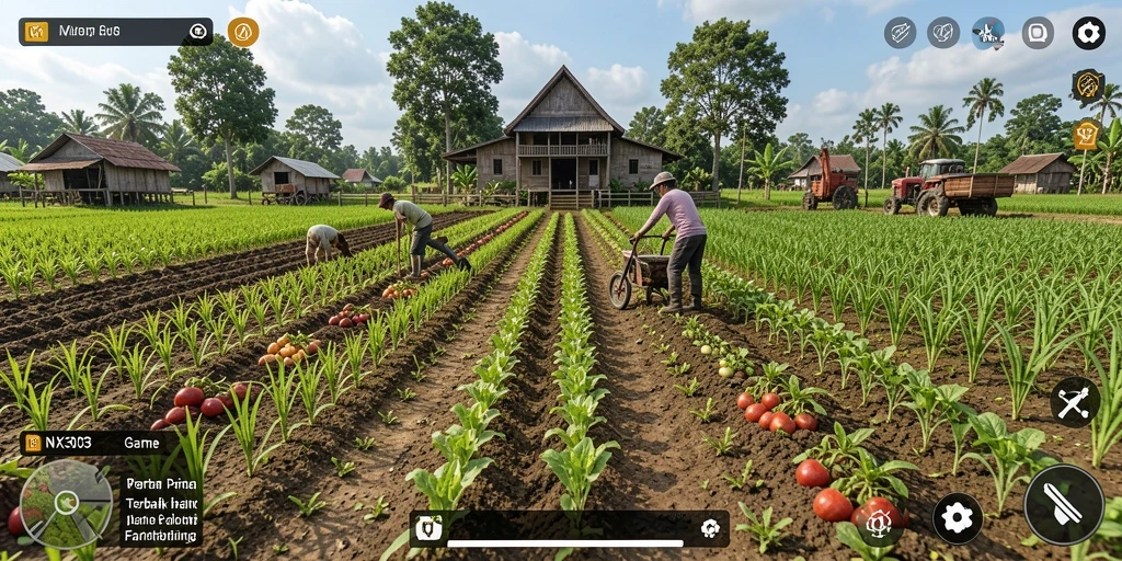 Screenshot gameplay NX303 menampilkan kebun yang subur dan aktivitas bertani.